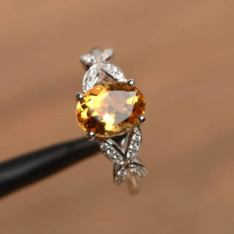 Natural Oval Cut Citrine Unique Promise Rings - 925 Sterling Silver Ring