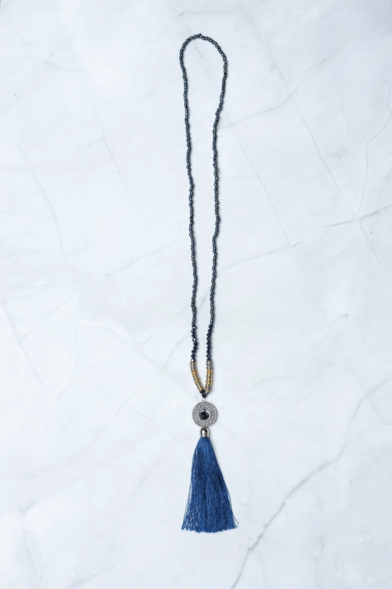 Navy Circle Pendant Tassel Necklace