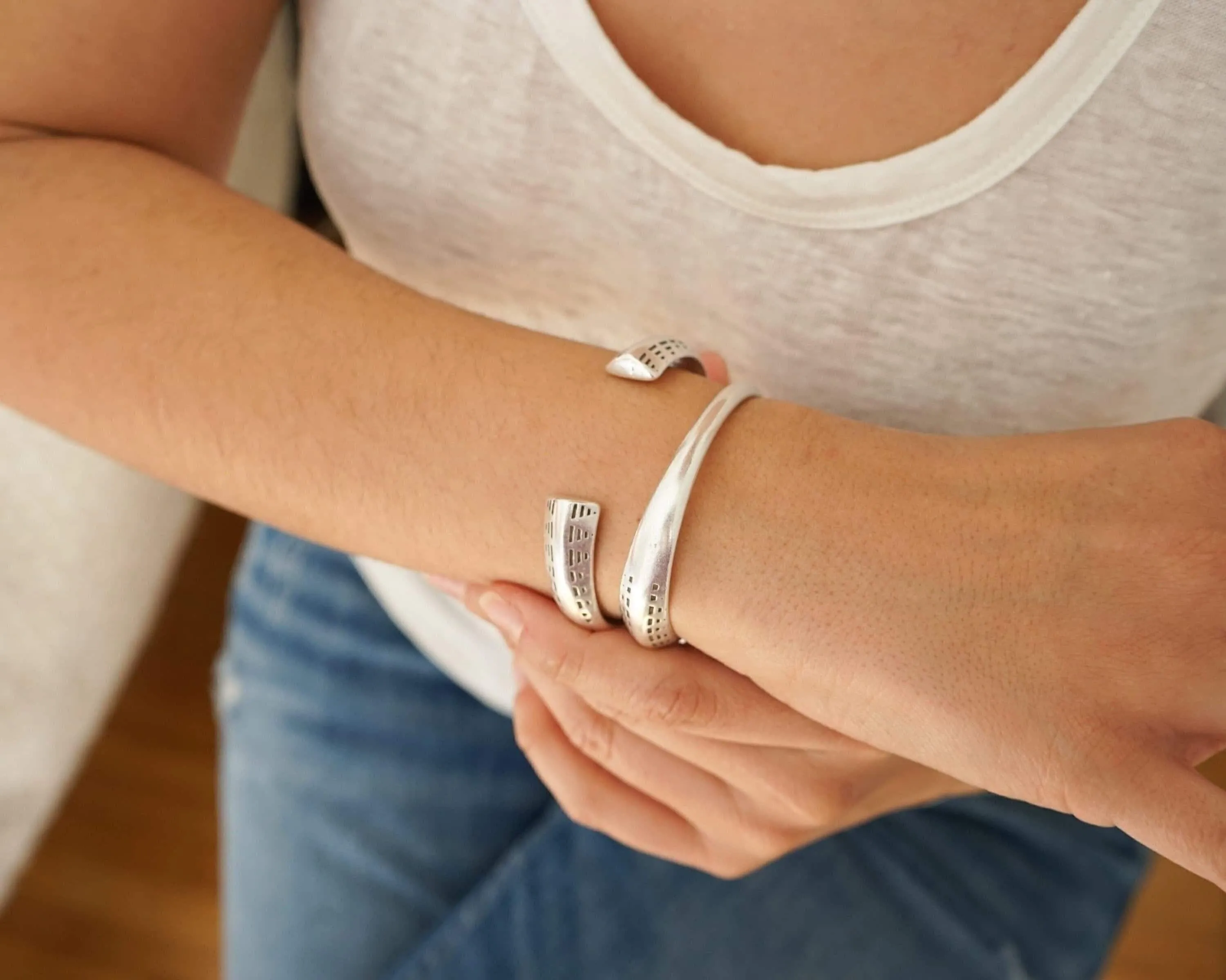 Open Silver Ethnic Tribal Cuff Bracelet