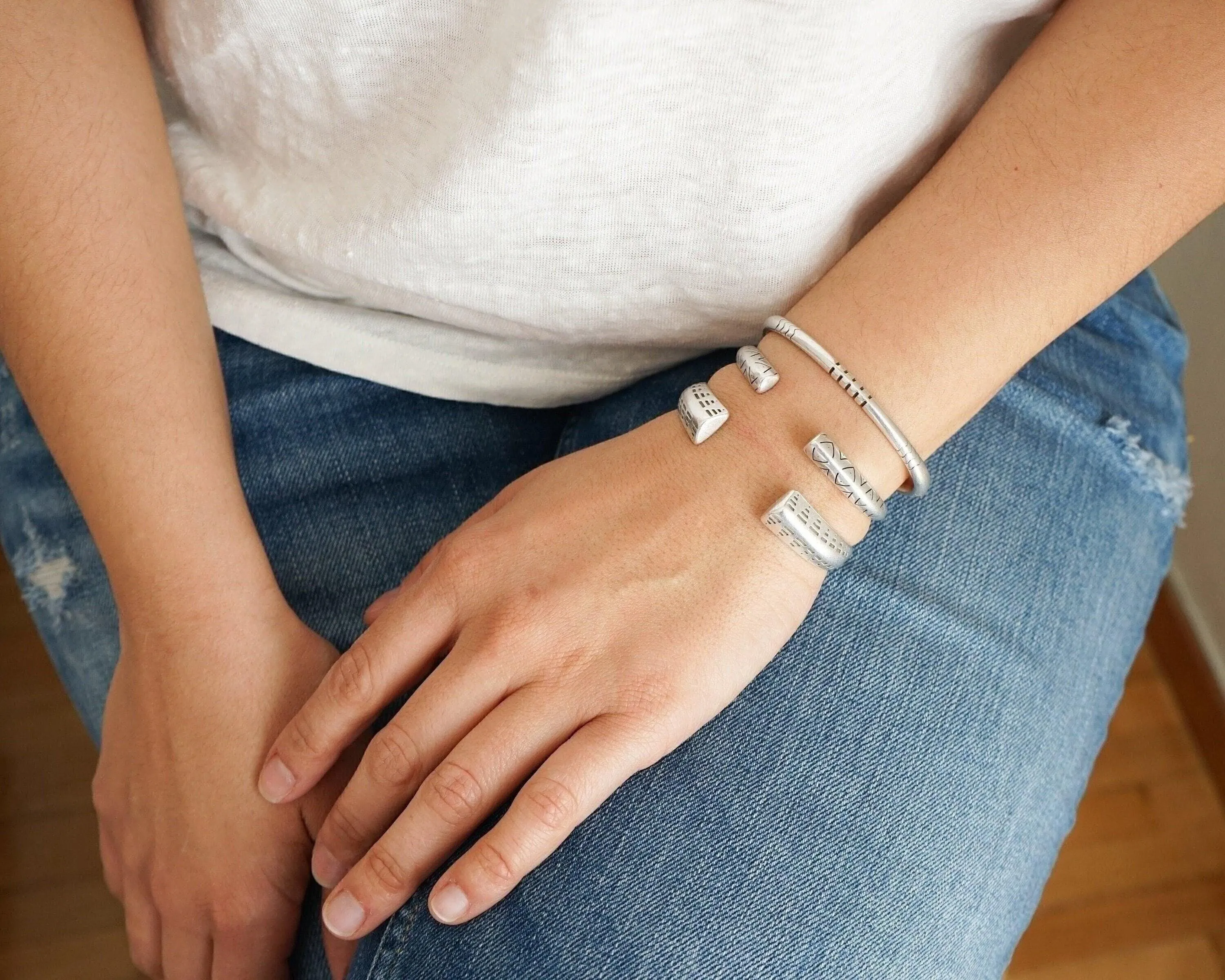 Open Silver Ethnic Tribal Cuff Bracelet