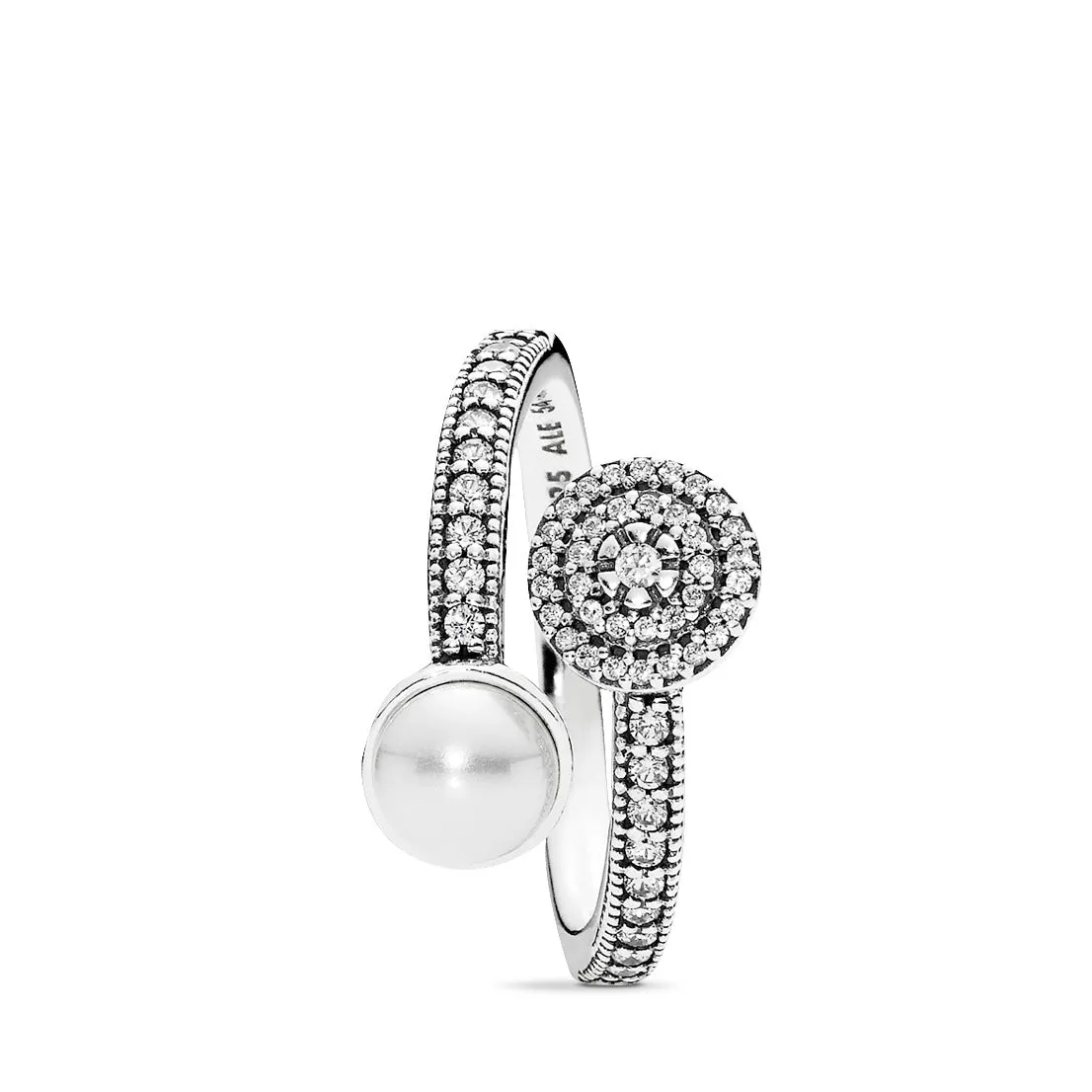 Open silver ring with white crystal pearl and clear cubic zirconia