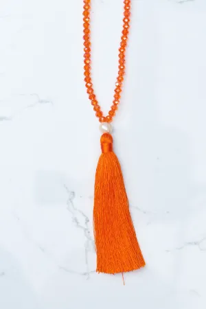 Orange Beaded Pearl Tassel Necklace