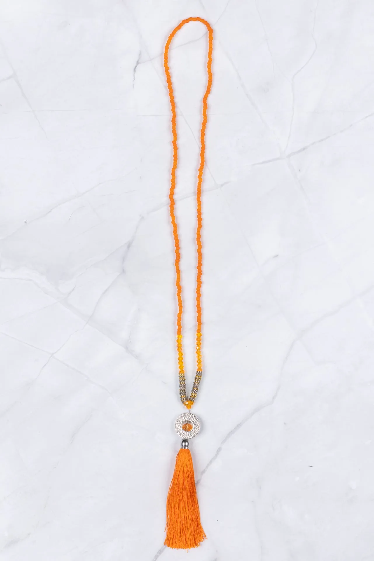 Orange Circle Pendant Tassel Necklace