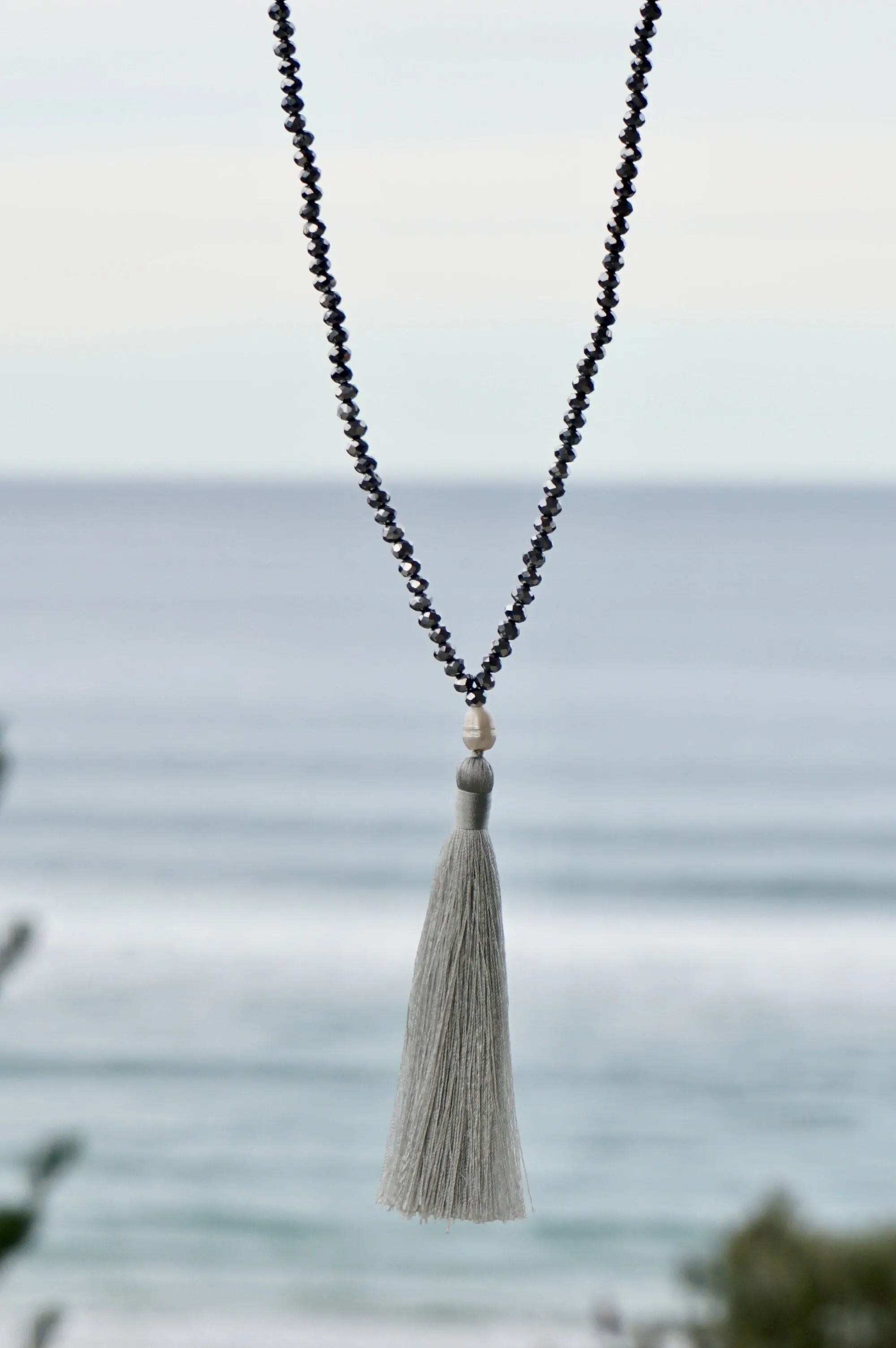 Pewter Beaded Pearl Tassel Necklace