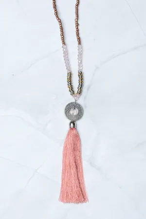 Pink Circle Pendant Tassel Necklace