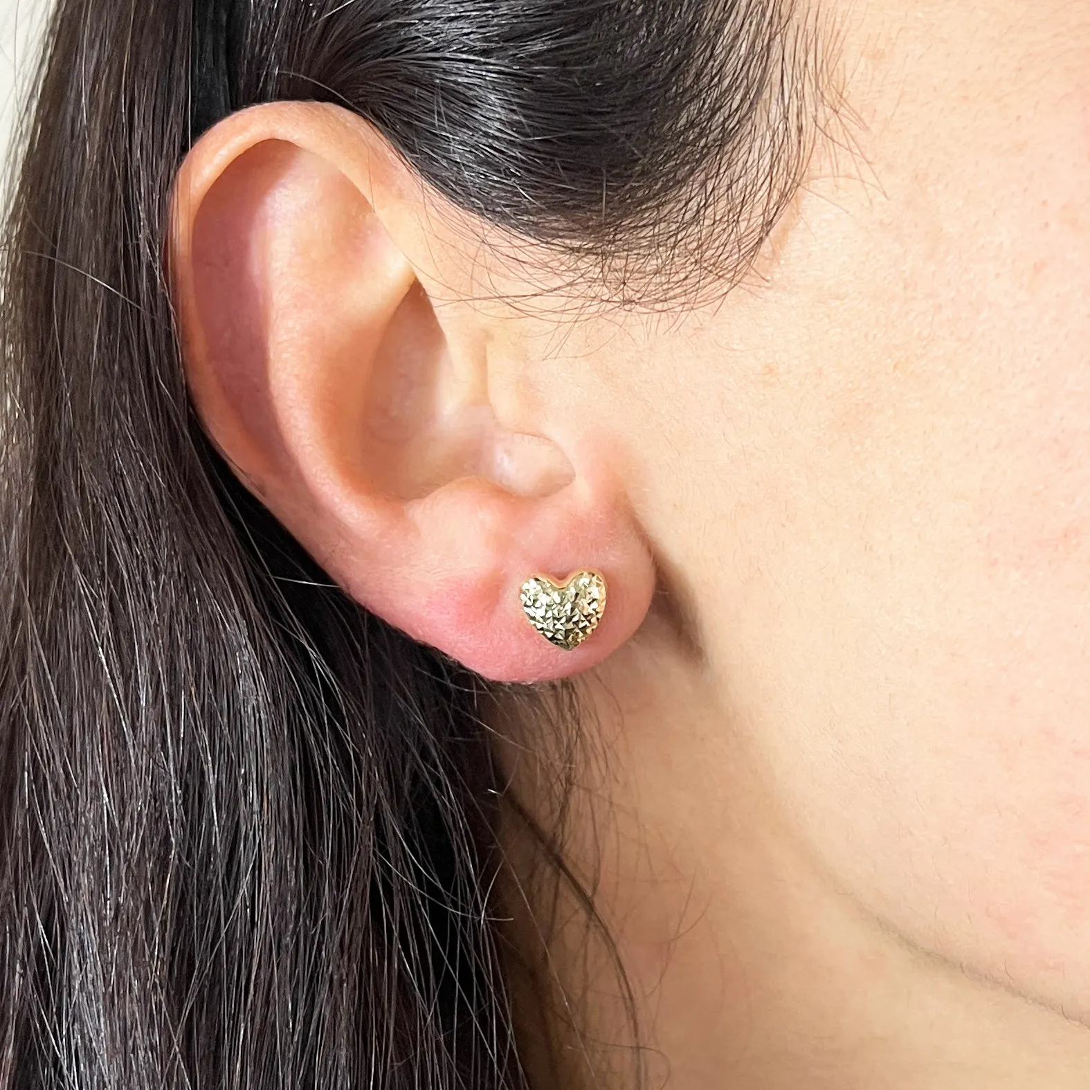 Puffy Gold Diamond Cut Heart Stud Earrings