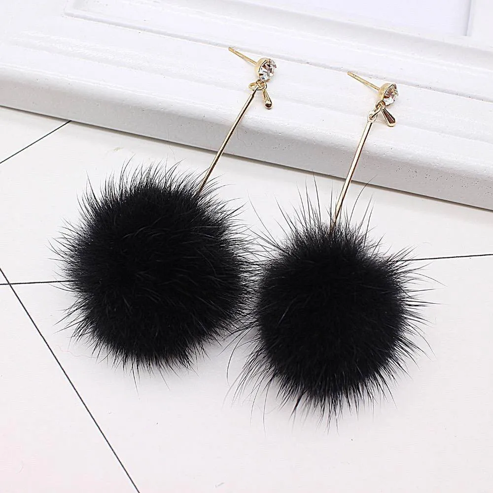 Rabbit Fur Ball PomPom Long Drop Earrings