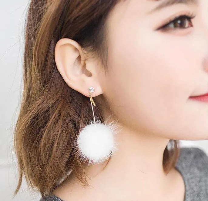 Rabbit Fur Ball PomPom Long Drop Earrings