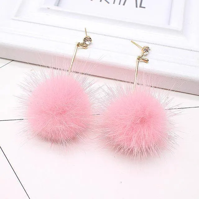 Rabbit Fur Ball PomPom Long Drop Earrings