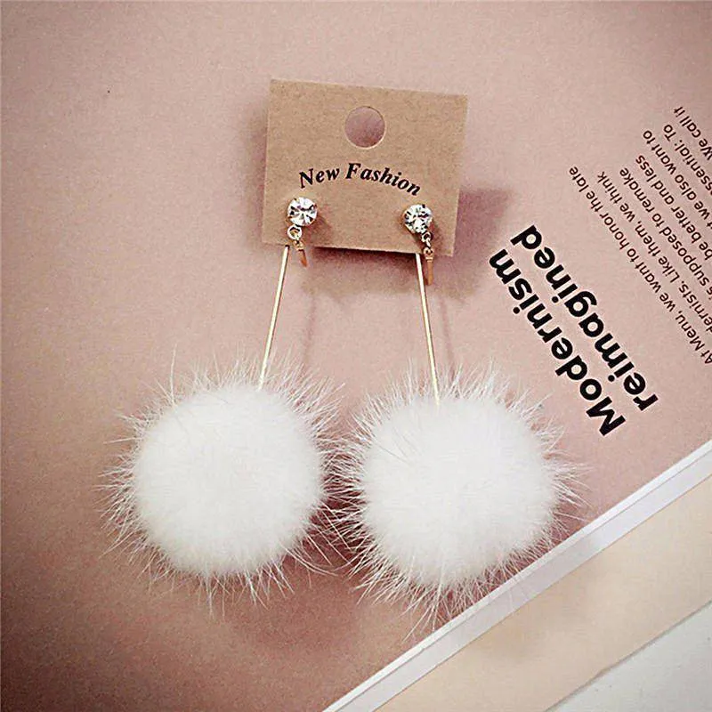 Rabbit Fur Ball PomPom Long Drop Earrings