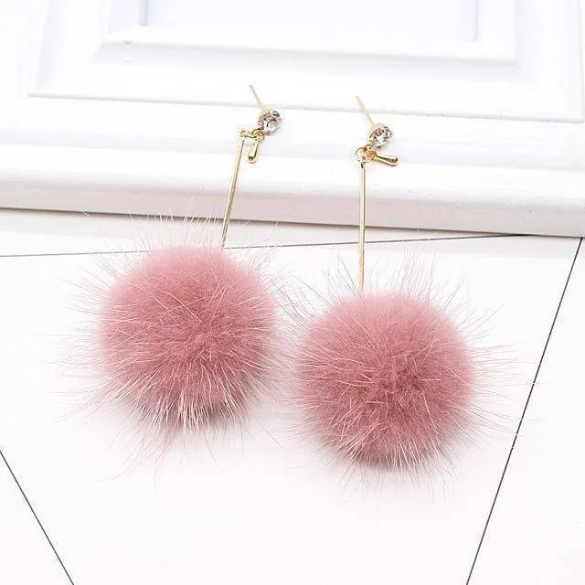 Rabbit Fur Ball PomPom Long Drop Earrings