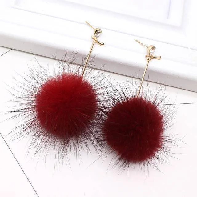 Rabbit Fur Ball PomPom Long Drop Earrings