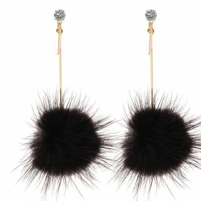 Rabbit Fur Ball PomPom Long Drop Earrings