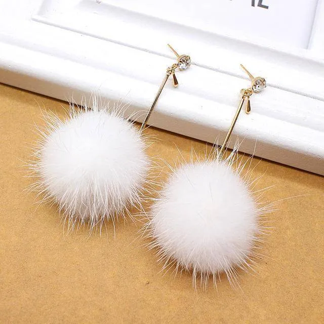 Rabbit Fur Ball PomPom Long Drop Earrings