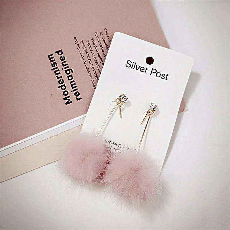 Rabbit Fur Ball PomPom Long Drop Earrings