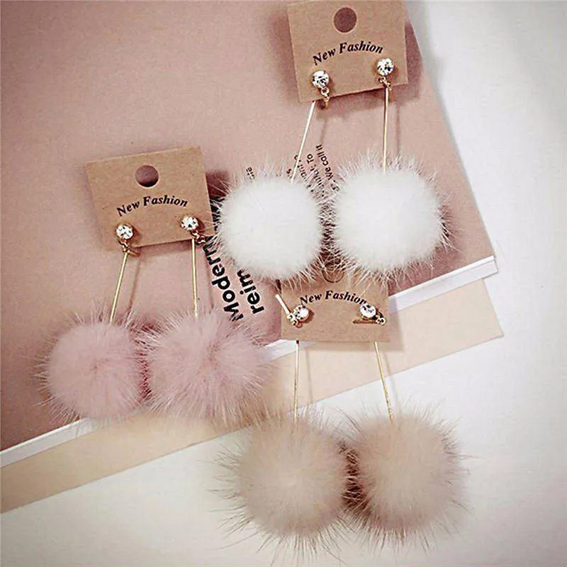 Rabbit Fur Ball PomPom Long Drop Earrings