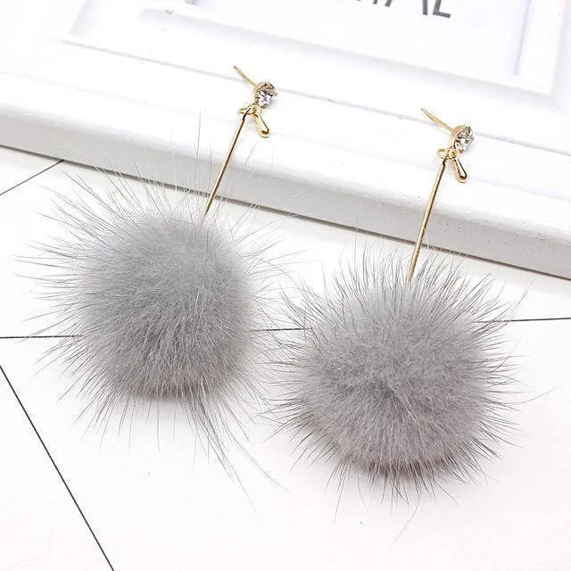 Rabbit Fur Ball PomPom Long Drop Earrings