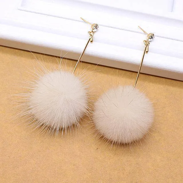 Rabbit Fur Ball PomPom Long Drop Earrings