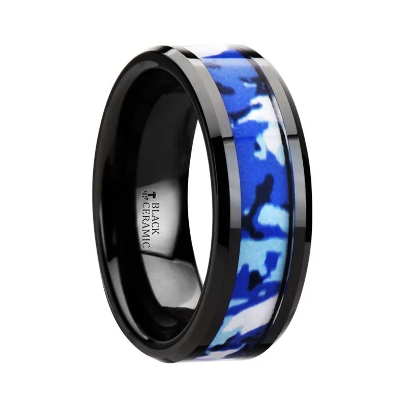 RECOIL | Black Ceramic Ring Blue and White Camouflage Inlay