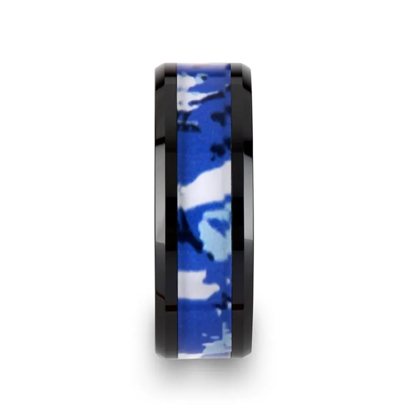 RECOIL | Black Ceramic Ring Blue and White Camouflage Inlay