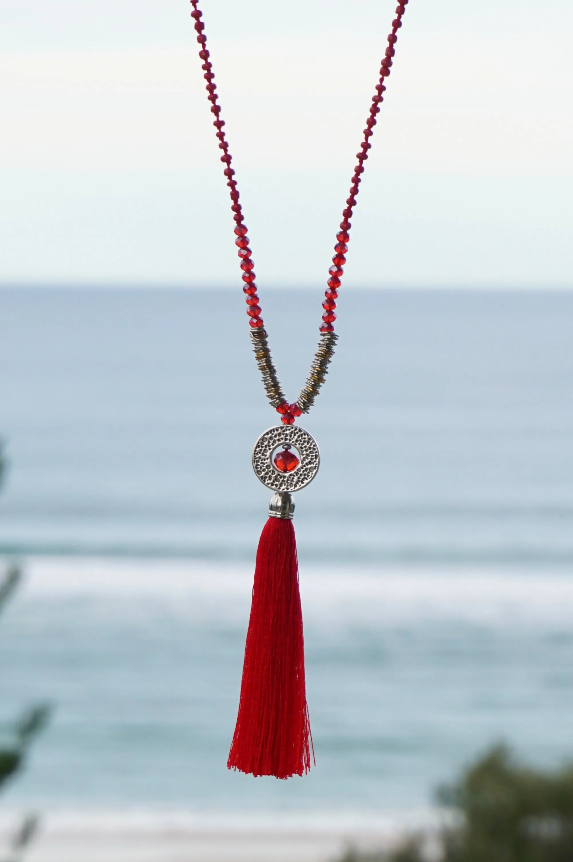 Red Circle Pendant Tassel Necklace