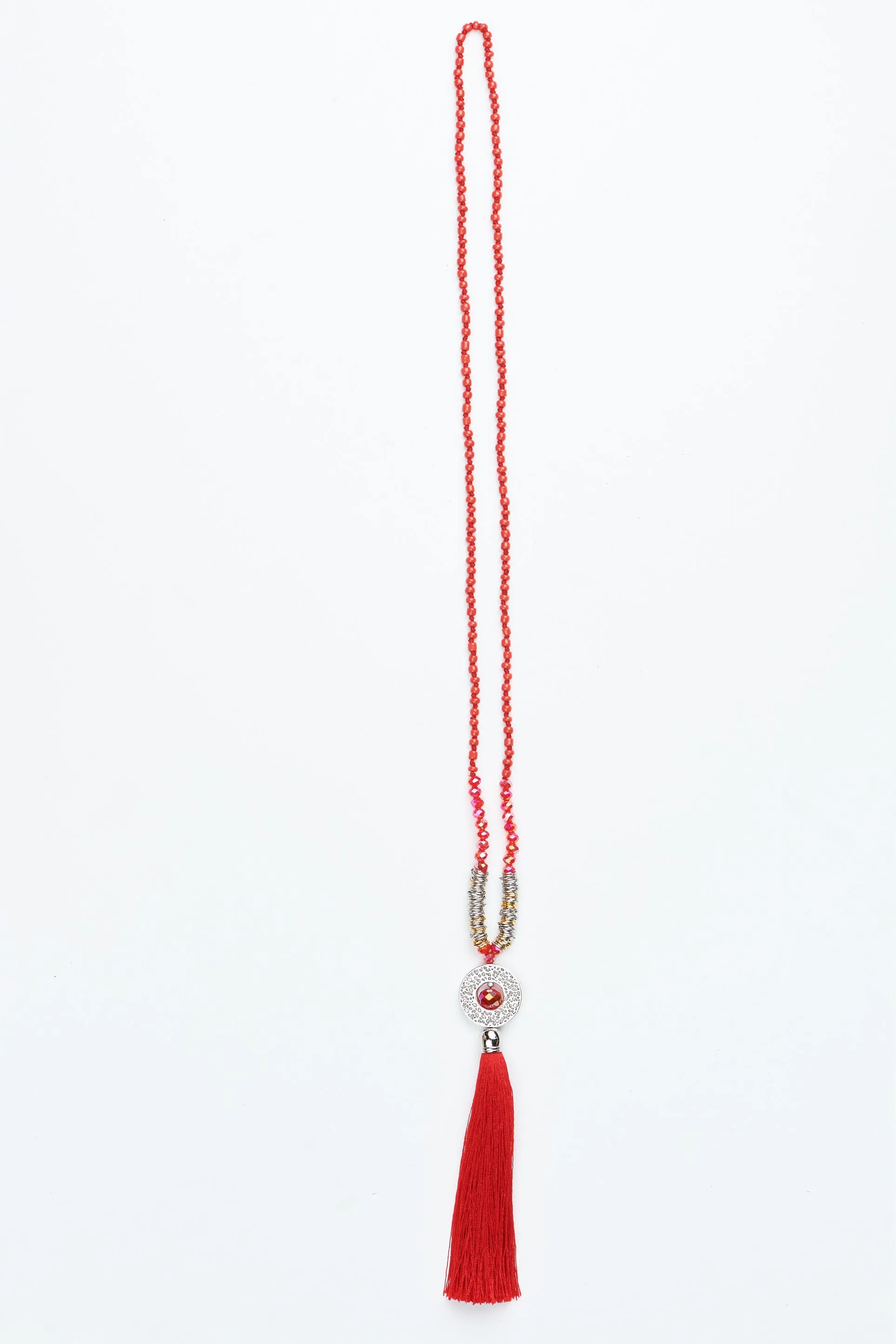 Red Circle Pendant Tassel Necklace