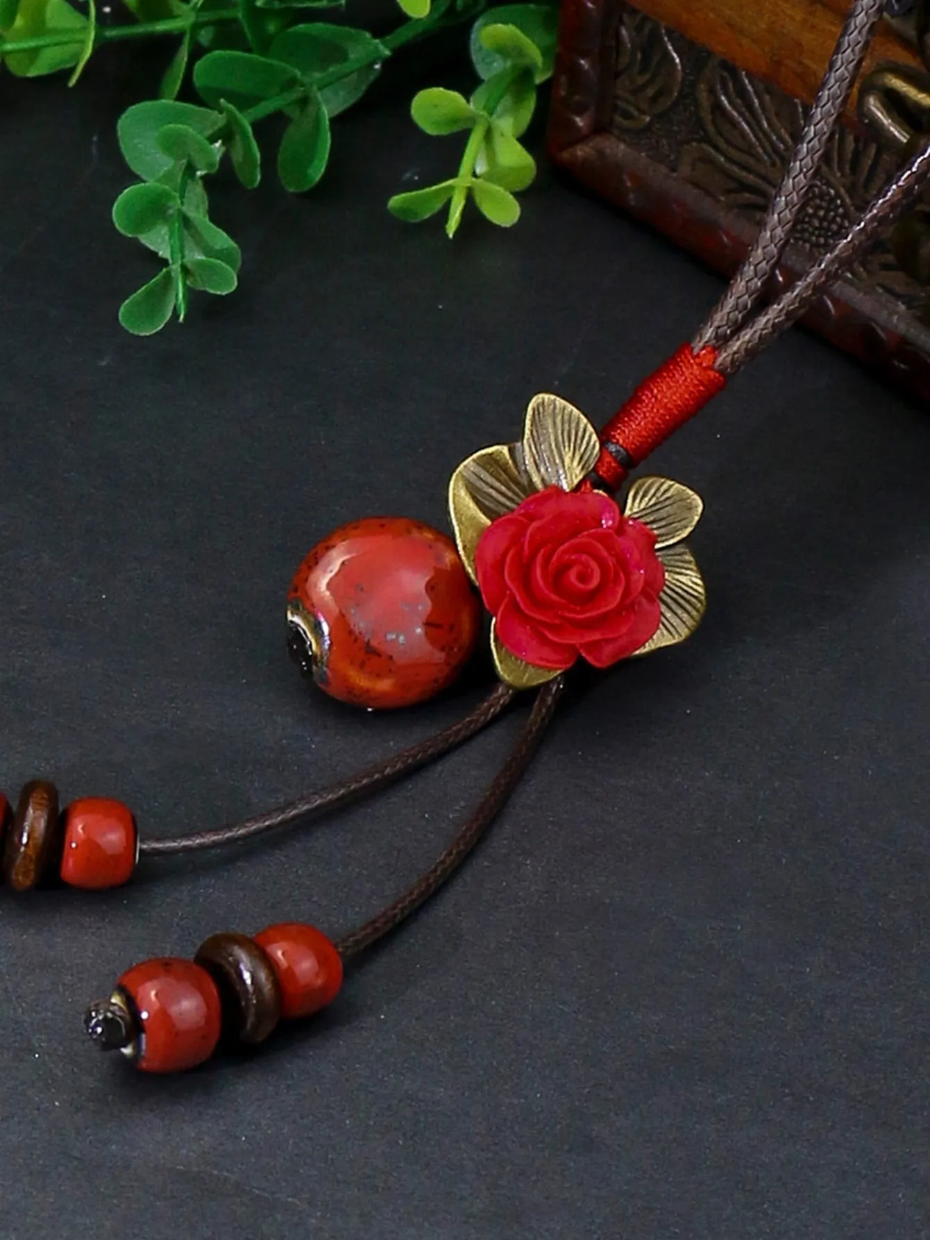 Red Flower & Bead Decor Y Lariat Necklace for Women Jewelry for Women Gift for