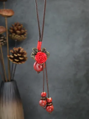 Red Flower & Bead Decor Y Lariat Necklace for Women Jewelry for Women Gift for