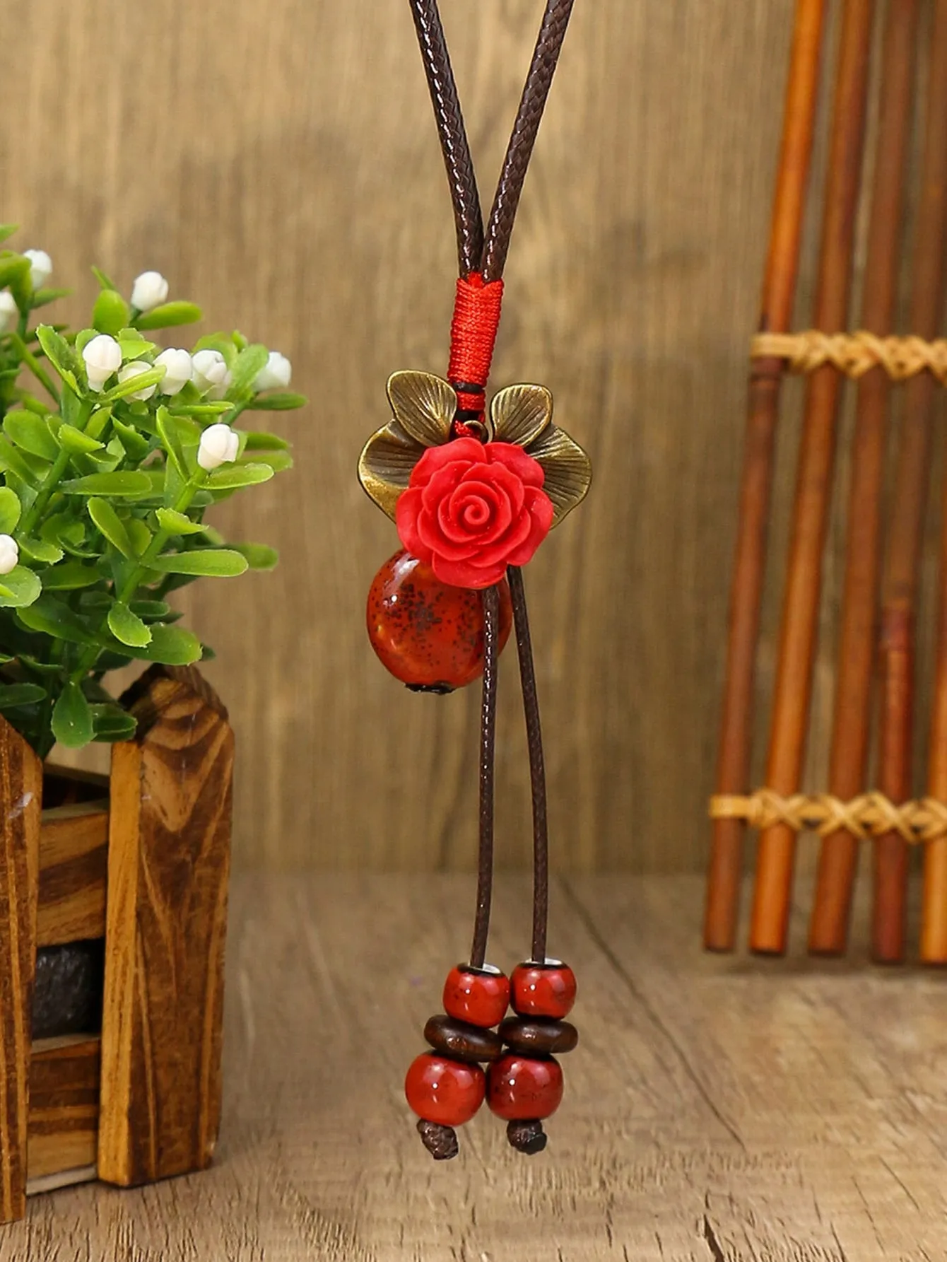 Red Flower & Bead Decor Y Lariat Necklace for Women Jewelry for Women Gift for