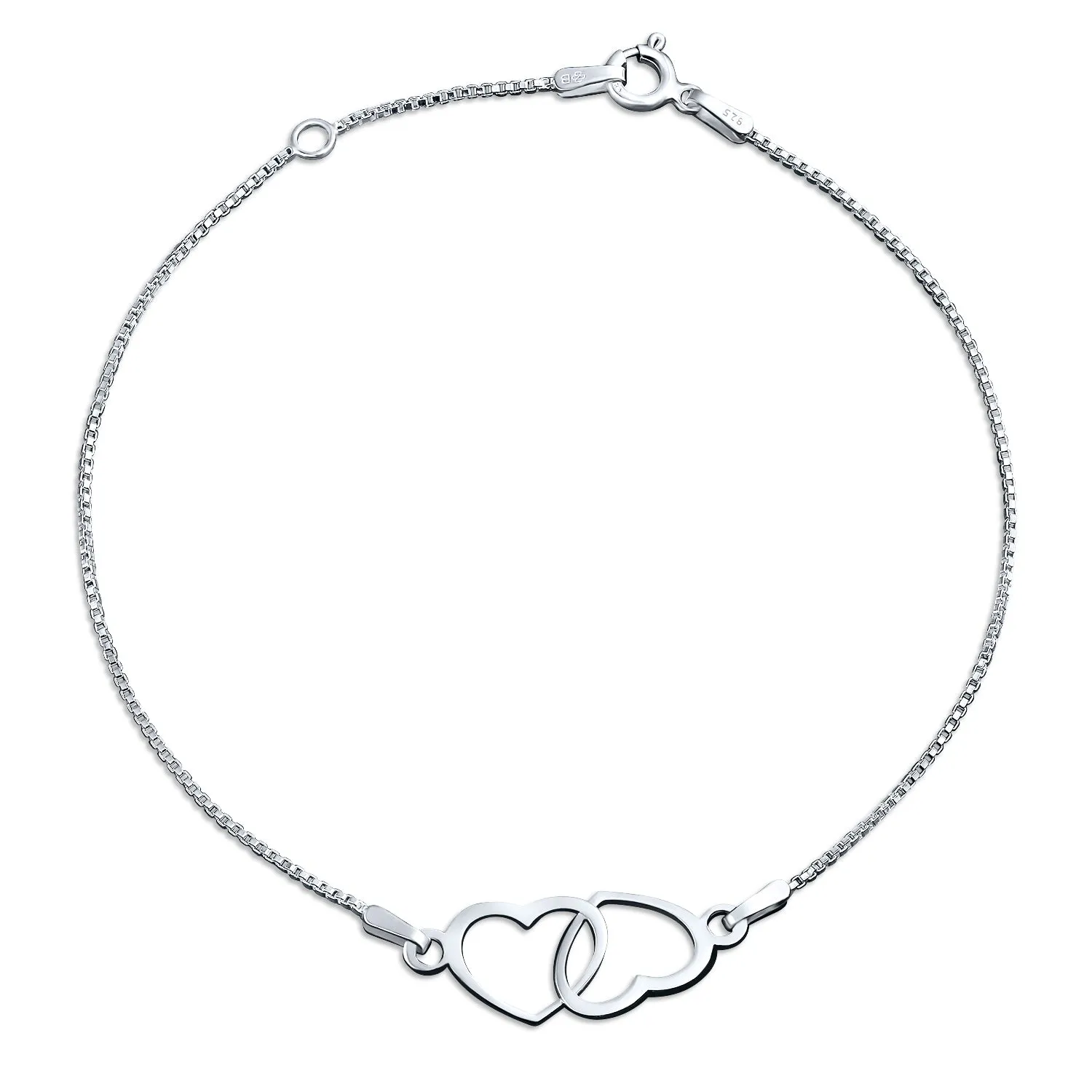 Romantic Interlocking Hearts Anklet Ankle Bracelet Sterling Silver 9-10"