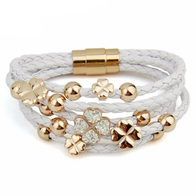 Rose Gold Color Leaf Clover Crystal Charm Leather Bracelet