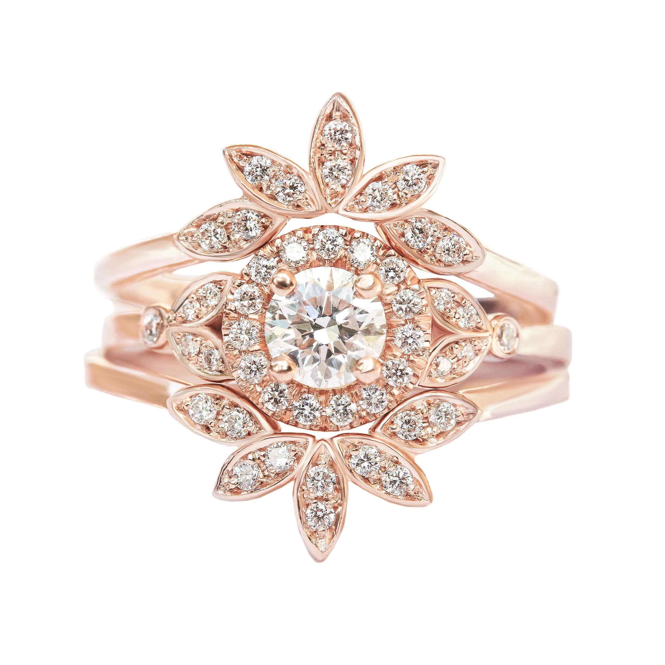 Round Diamond Halo & Leaves Engagement Three Ring Set Rome ♥