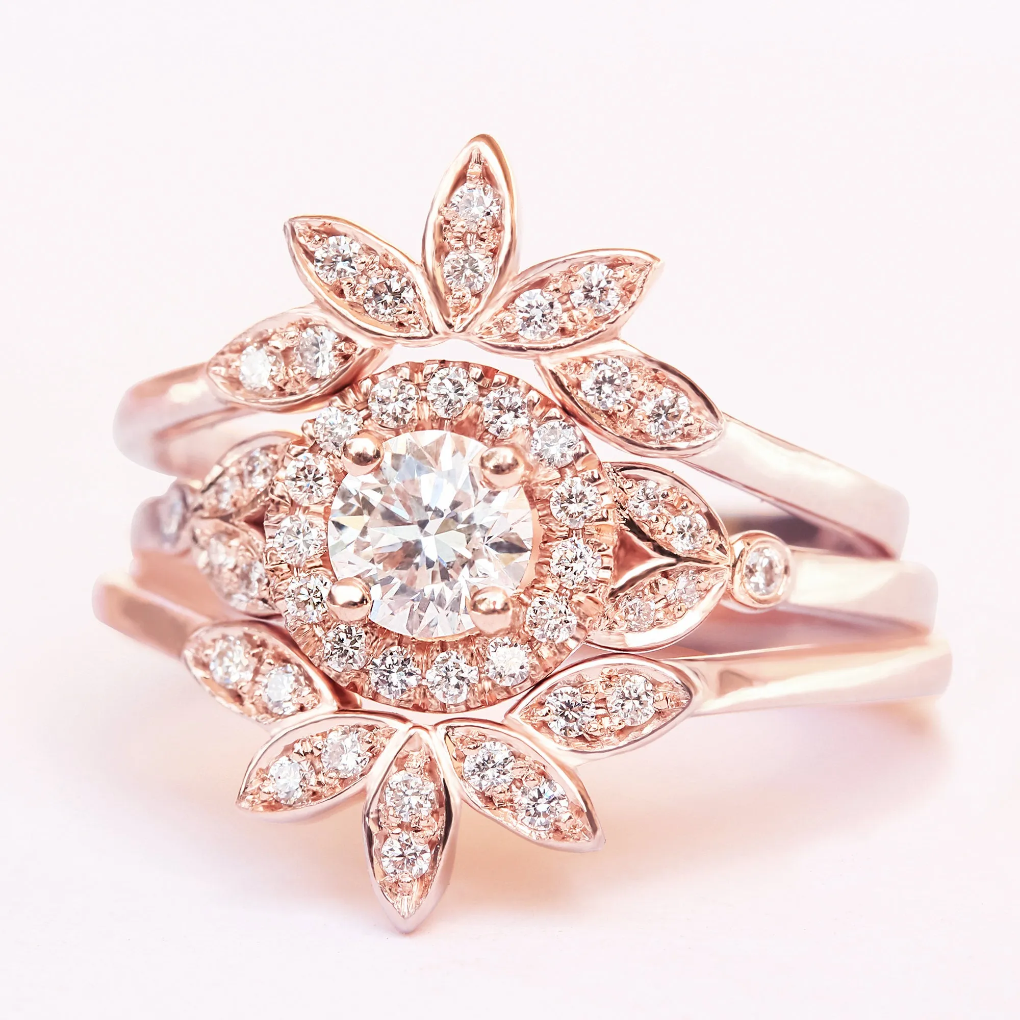 Round Diamond Halo & Leaves Engagement Three Ring Set Rome ♥