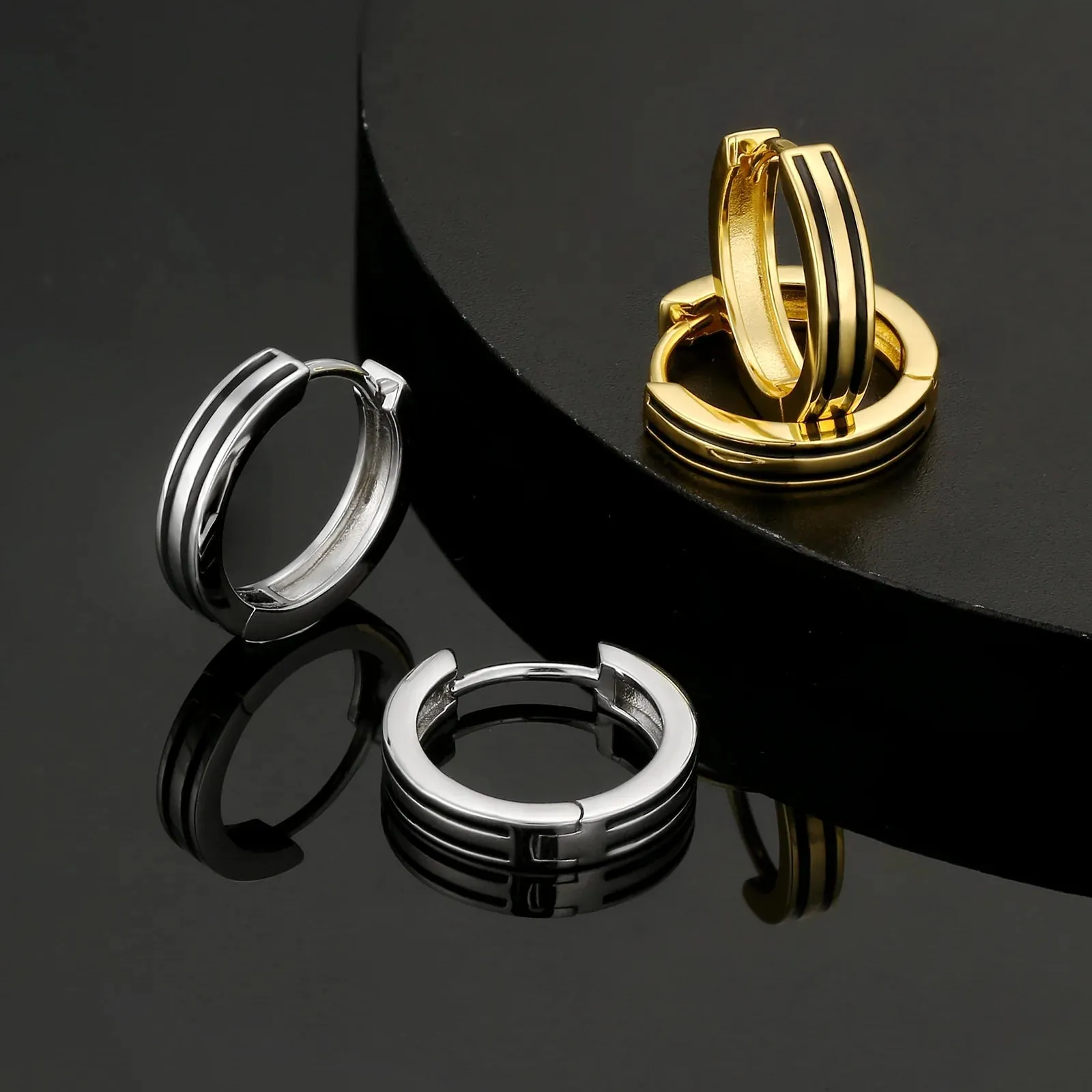 S925 Silver Black Stripe Hoop Earrings in White Gold - 15mm