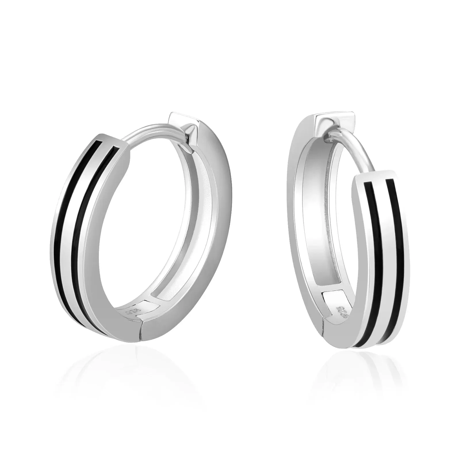 S925 Silver Black Stripe Hoop Earrings in White Gold - 15mm