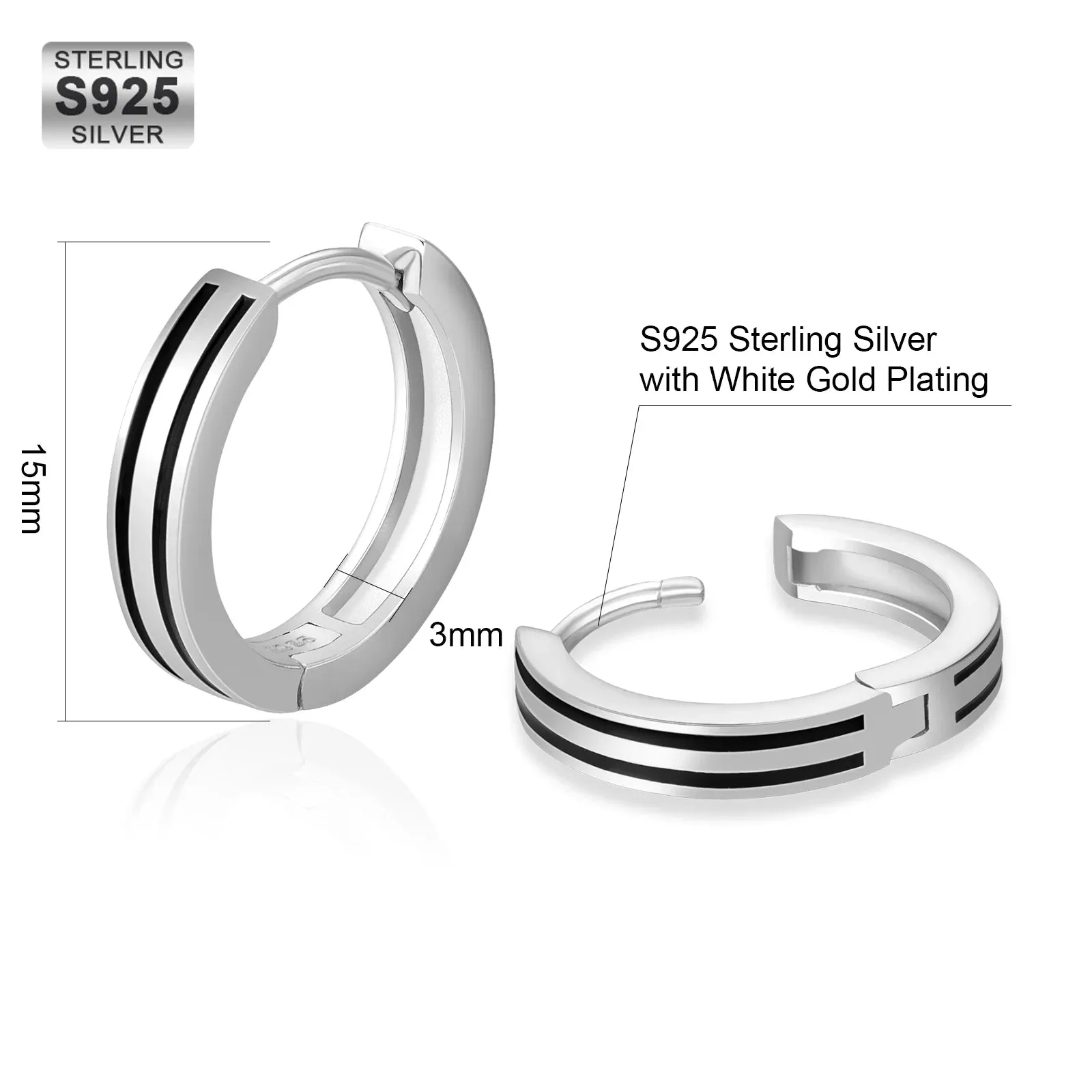 S925 Silver Black Stripe Hoop Earrings in White Gold - 15mm