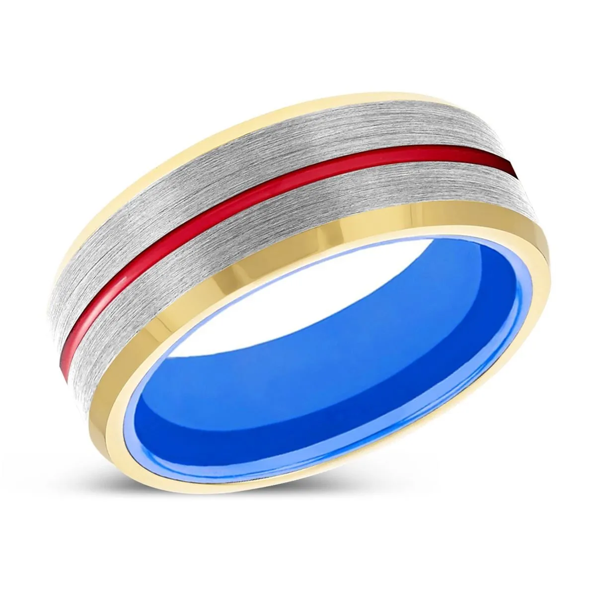 SABER | Blue Ring, Silver Tungsten Ring, Red Groove, Gold Beveled Edge