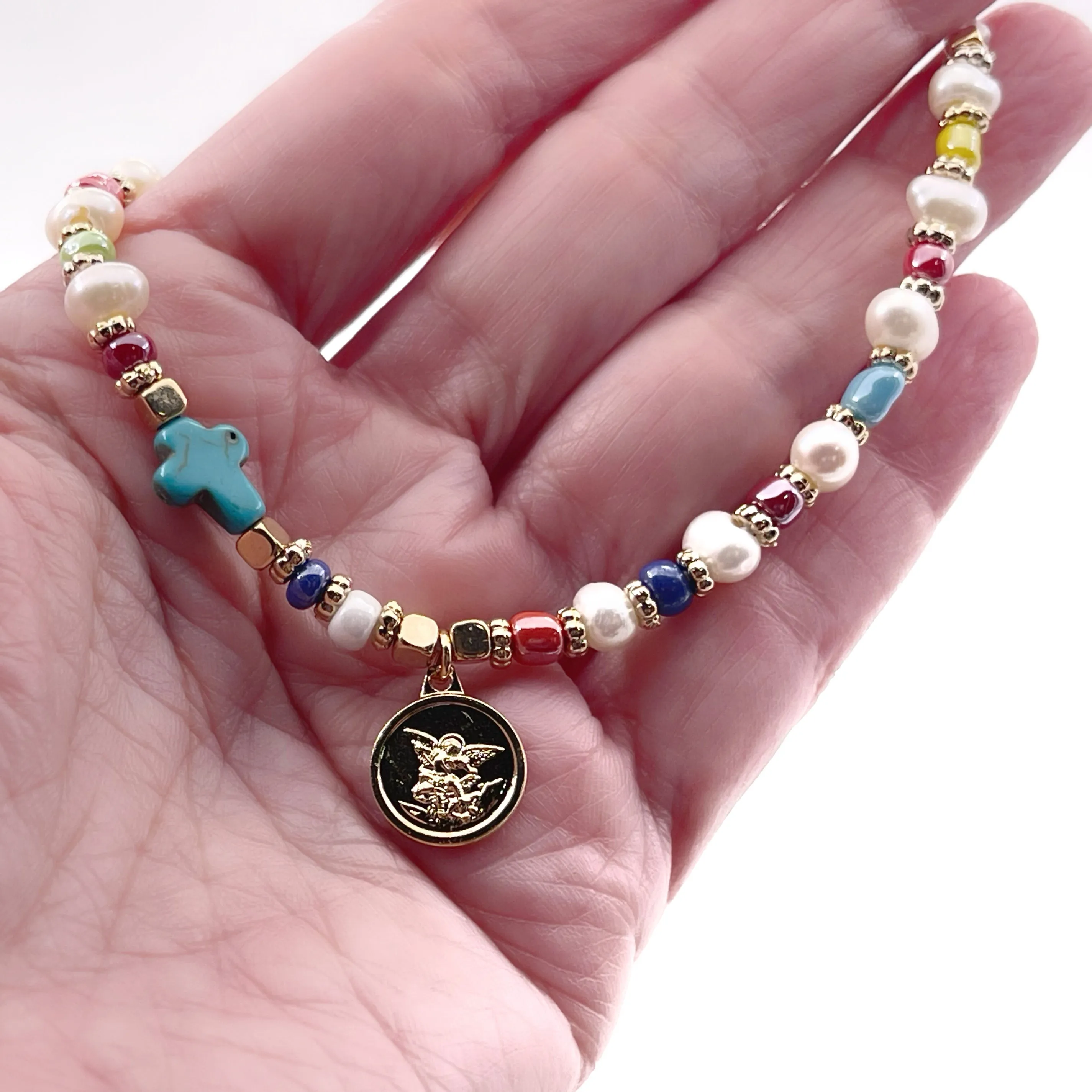 Saint Michael Adjustable Glass Seed Beads Pearl Bracelet