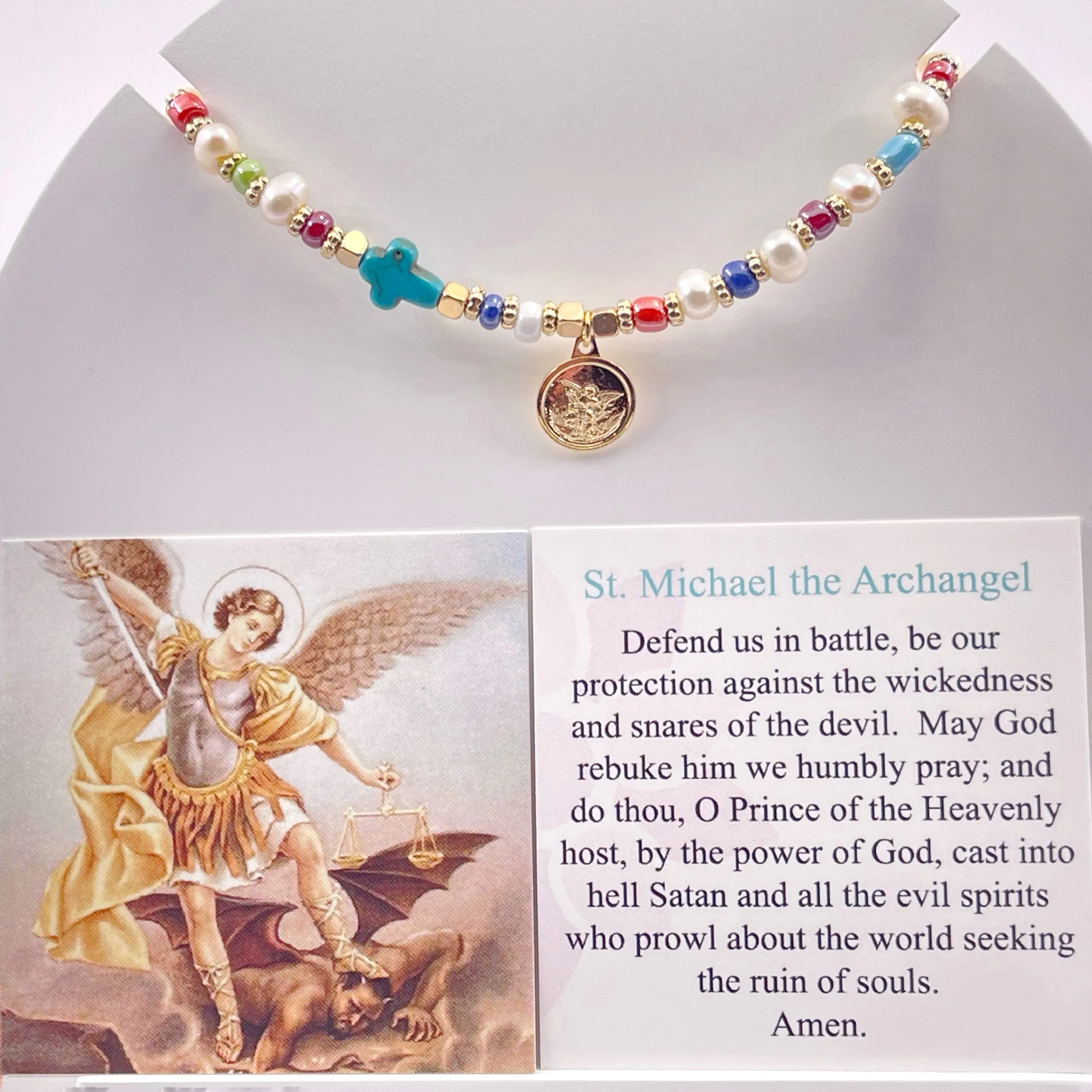 Saint Michael Adjustable Glass Seed Beads Pearl Bracelet