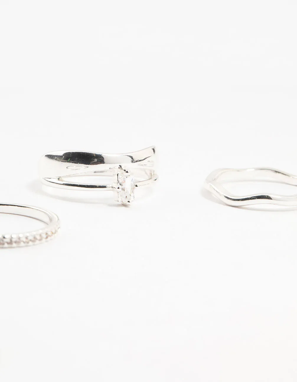 Silver Plated Diamante Baguette Wave Rings 3-Pack