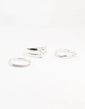 Silver Plated Diamante Baguette Wave Rings 3-Pack