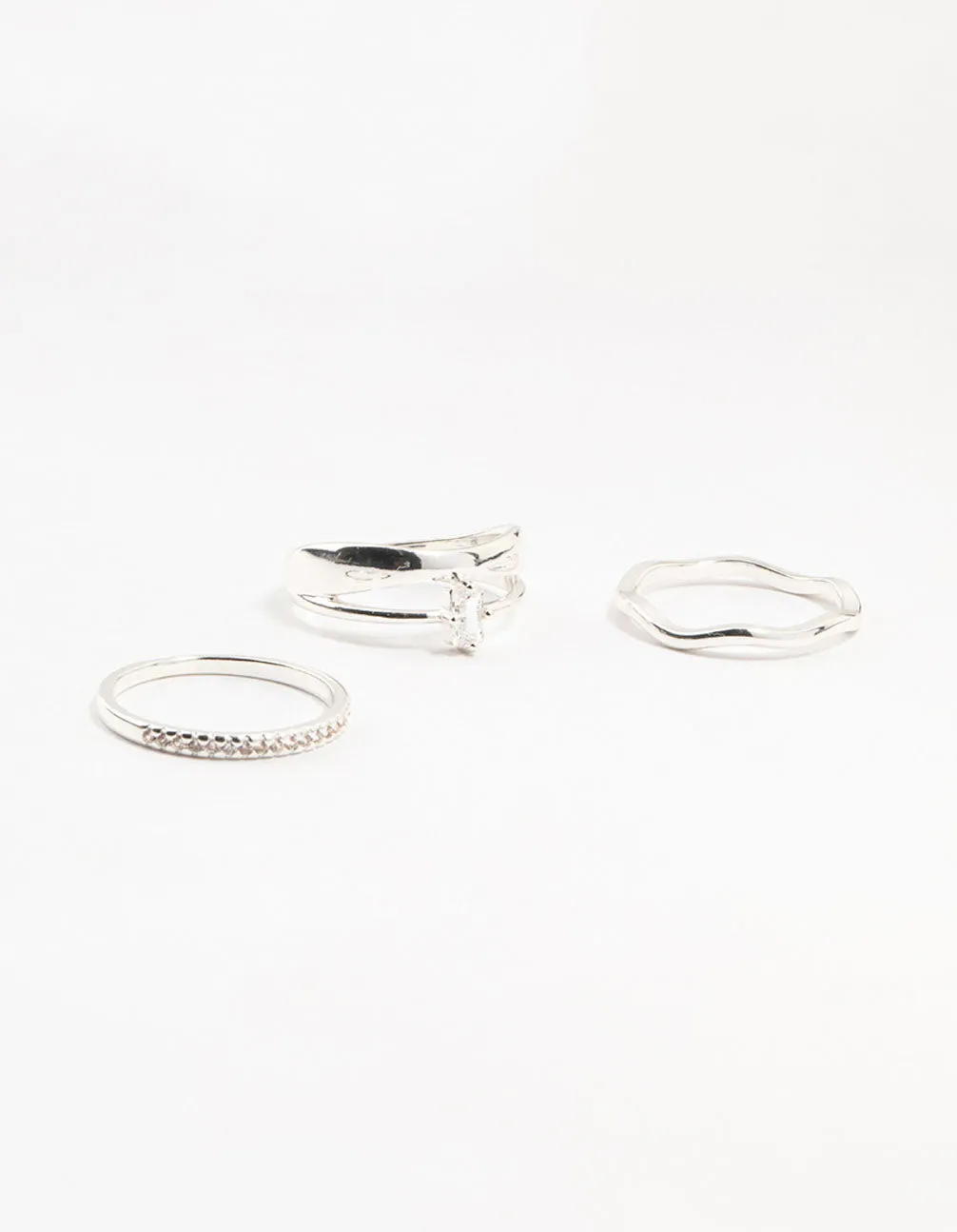 Silver Plated Diamante Baguette Wave Rings 3-Pack