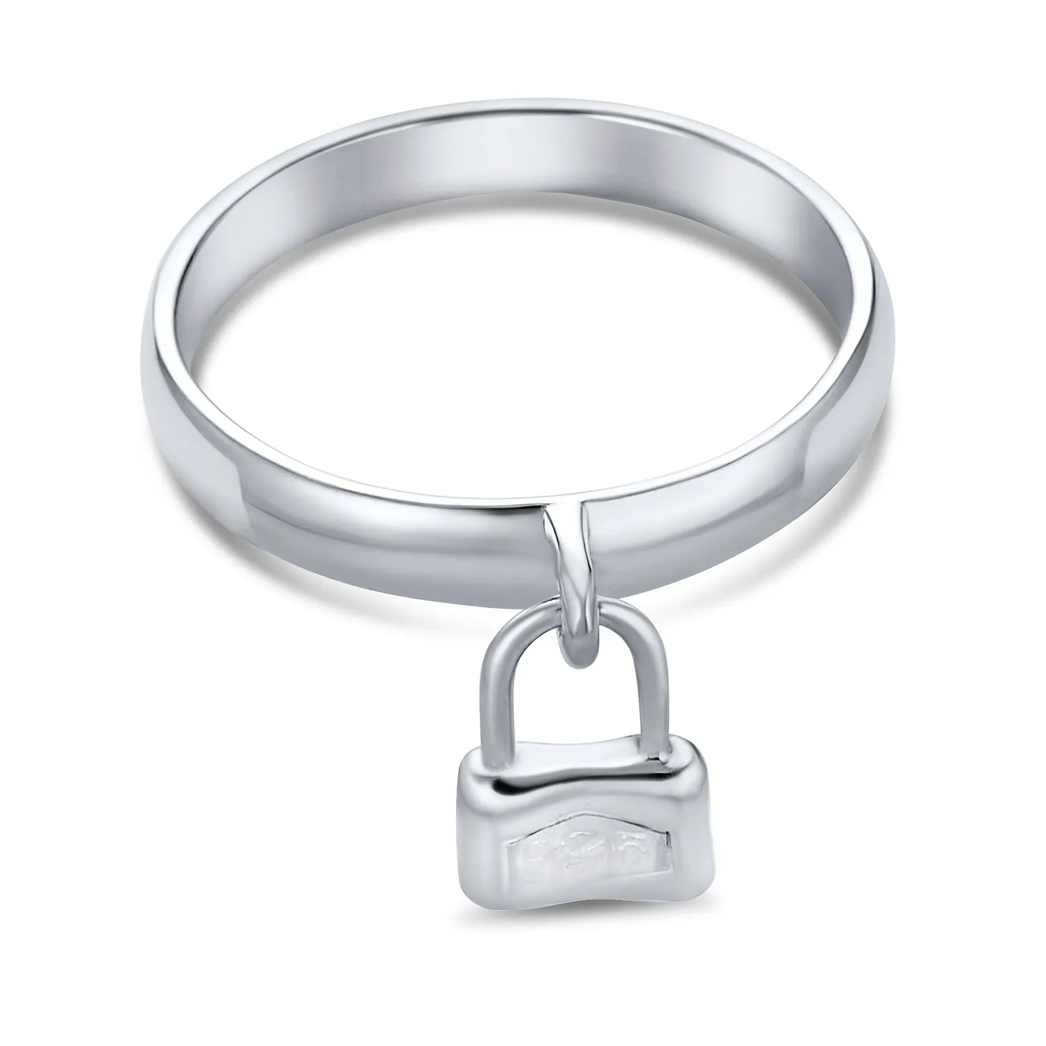 Silver Ring with Dangle Charm Pad Lock in Sterling Silver