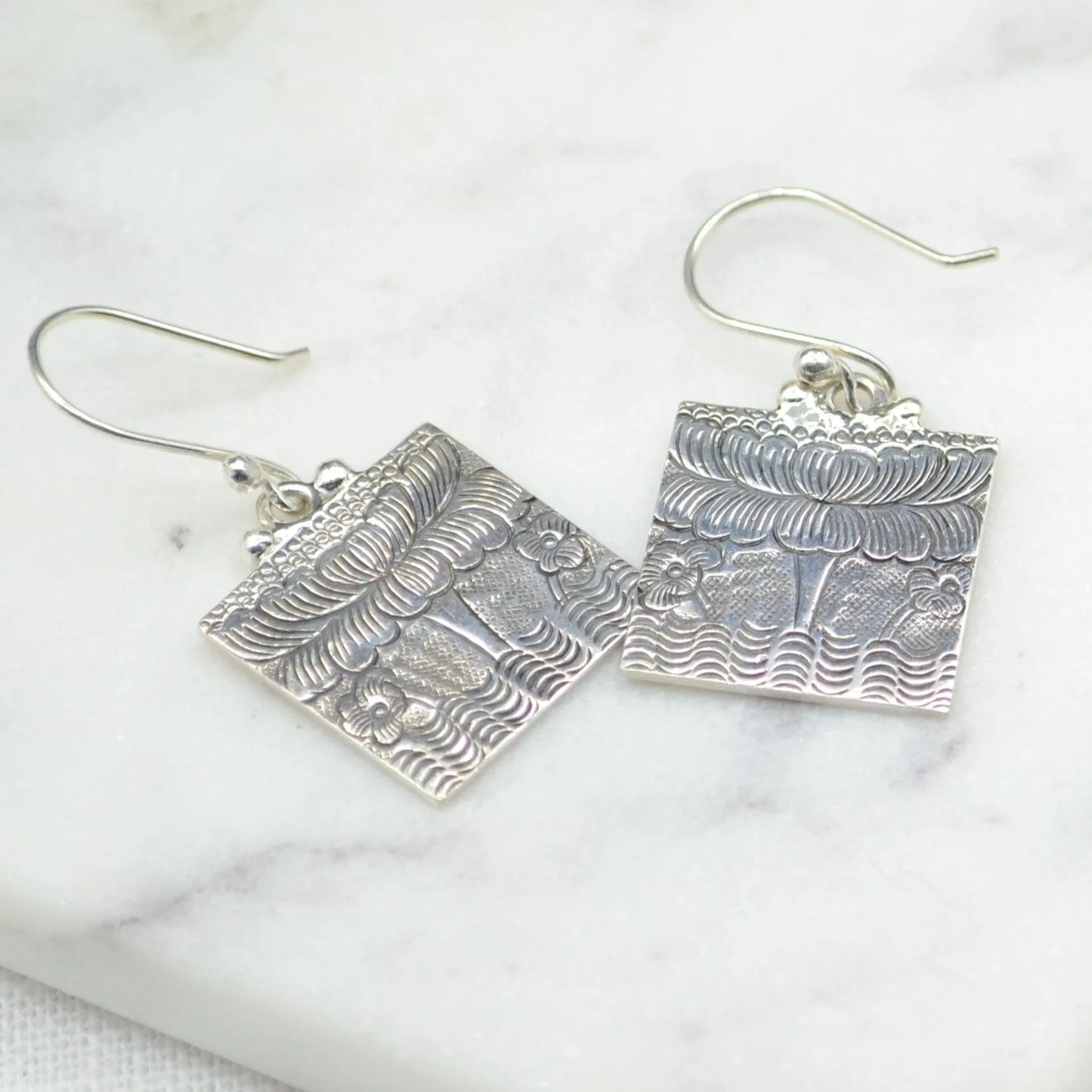 Square Etched Lotus Silver Earrings