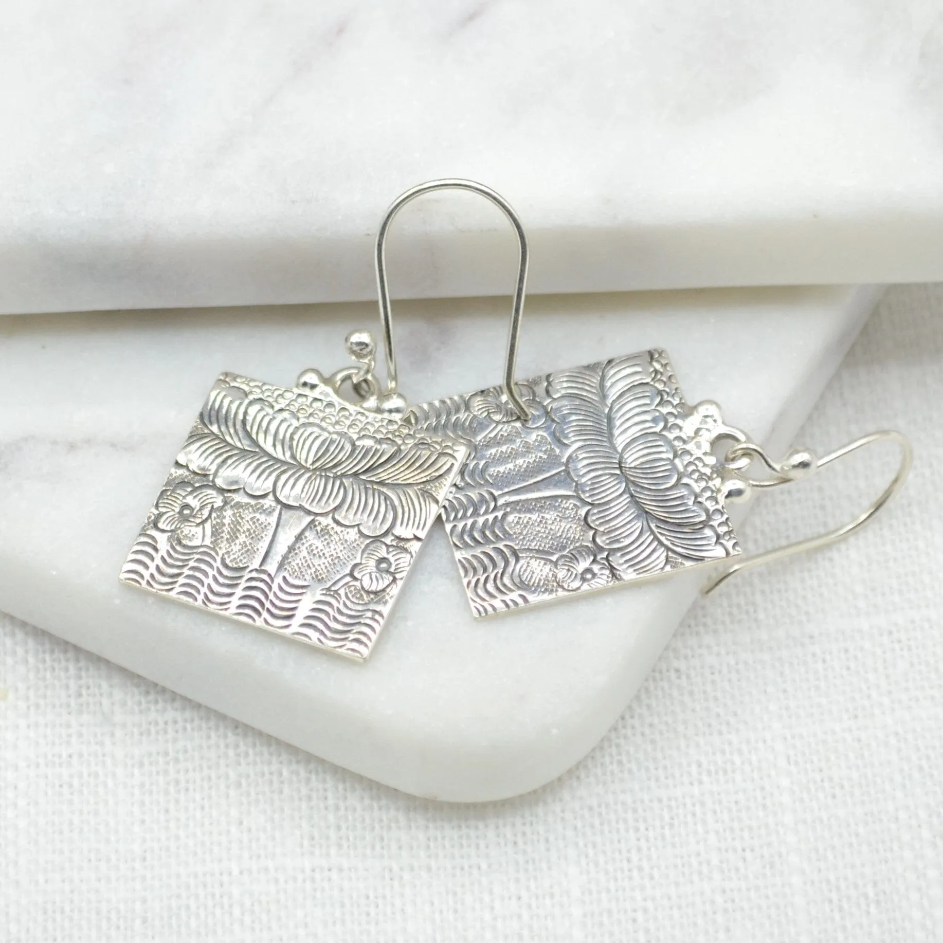 Square Etched Lotus Silver Earrings