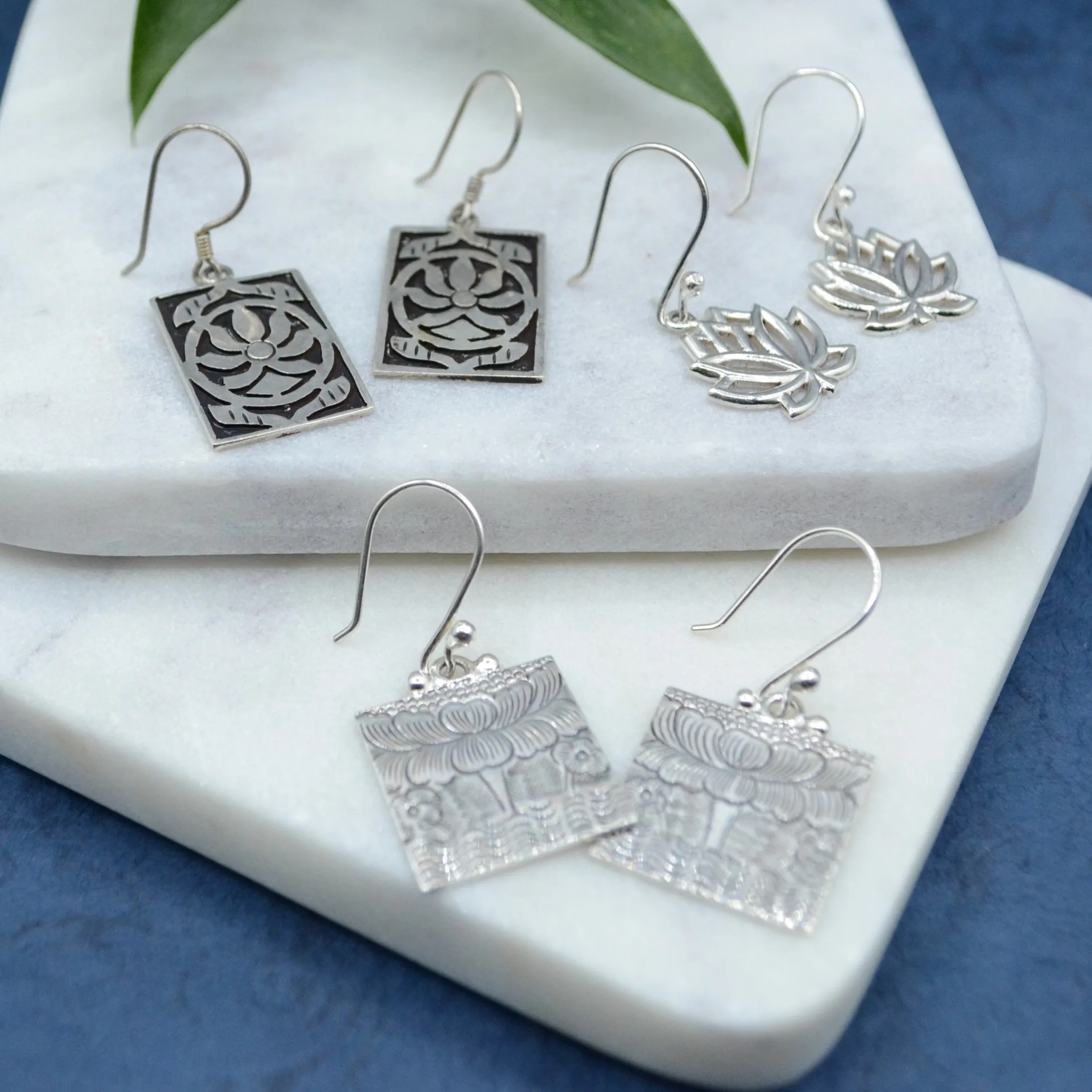 Square Etched Lotus Silver Earrings