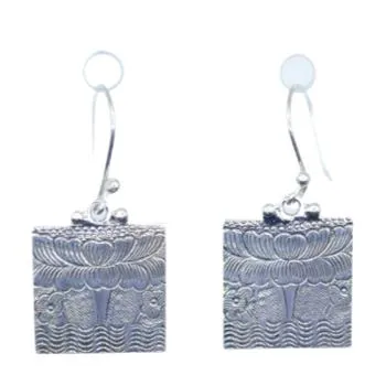 Square Etched Lotus Silver Earrings