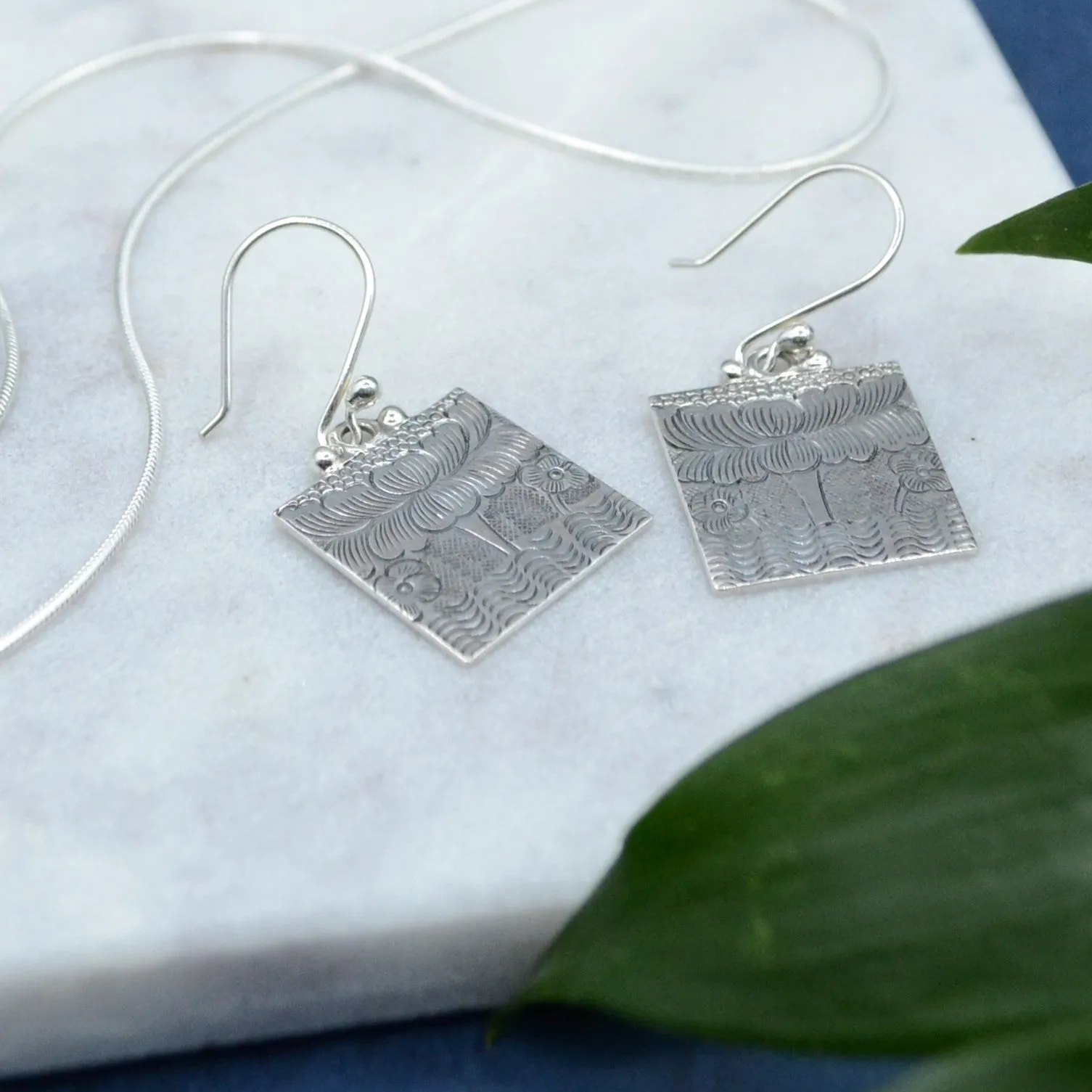 Square Etched Lotus Silver Earrings