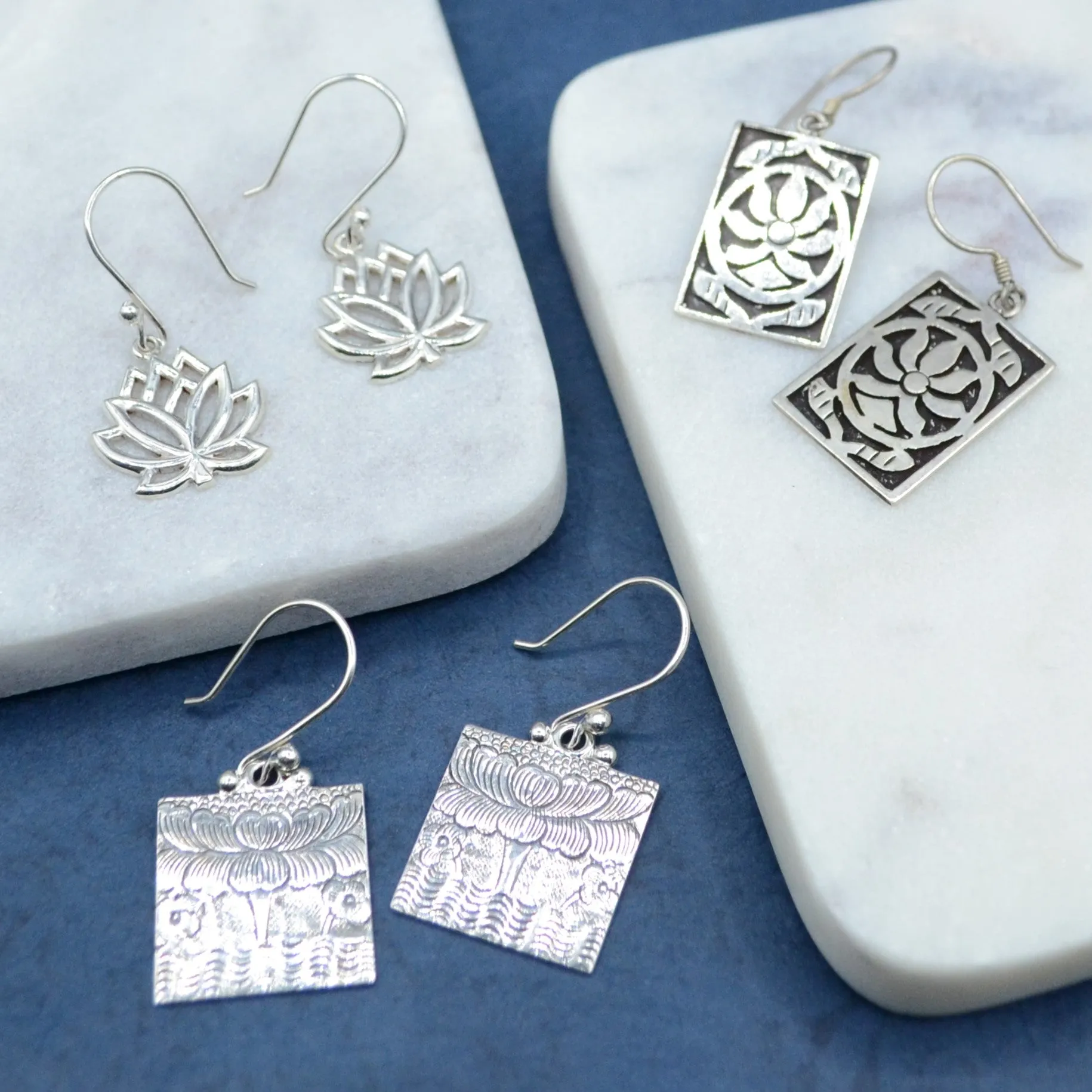 Square Etched Lotus Silver Earrings