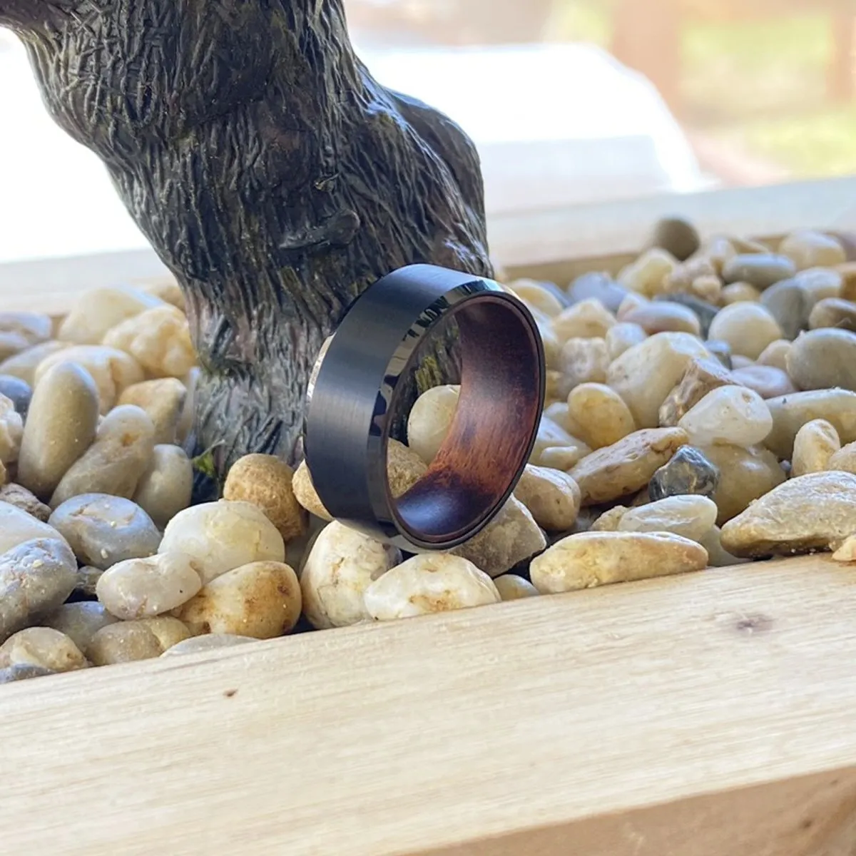 STRIKER | Snake Wood, Black Tungsten Ring, Brushed, Beveled